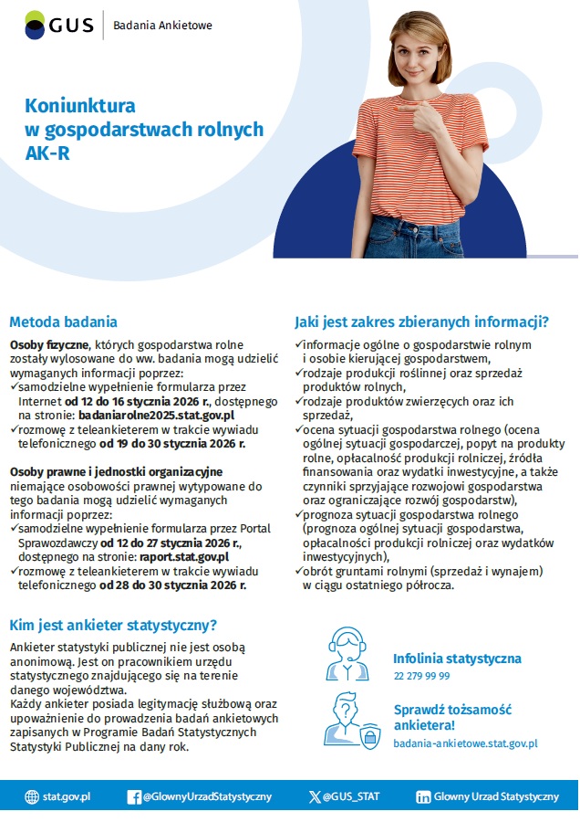 Ulotka informacyjna o badaniu koniunktury w gospodarstwach rolnych (AK-R) przeprowadzanym przez Główny Urząd Statystyczny 